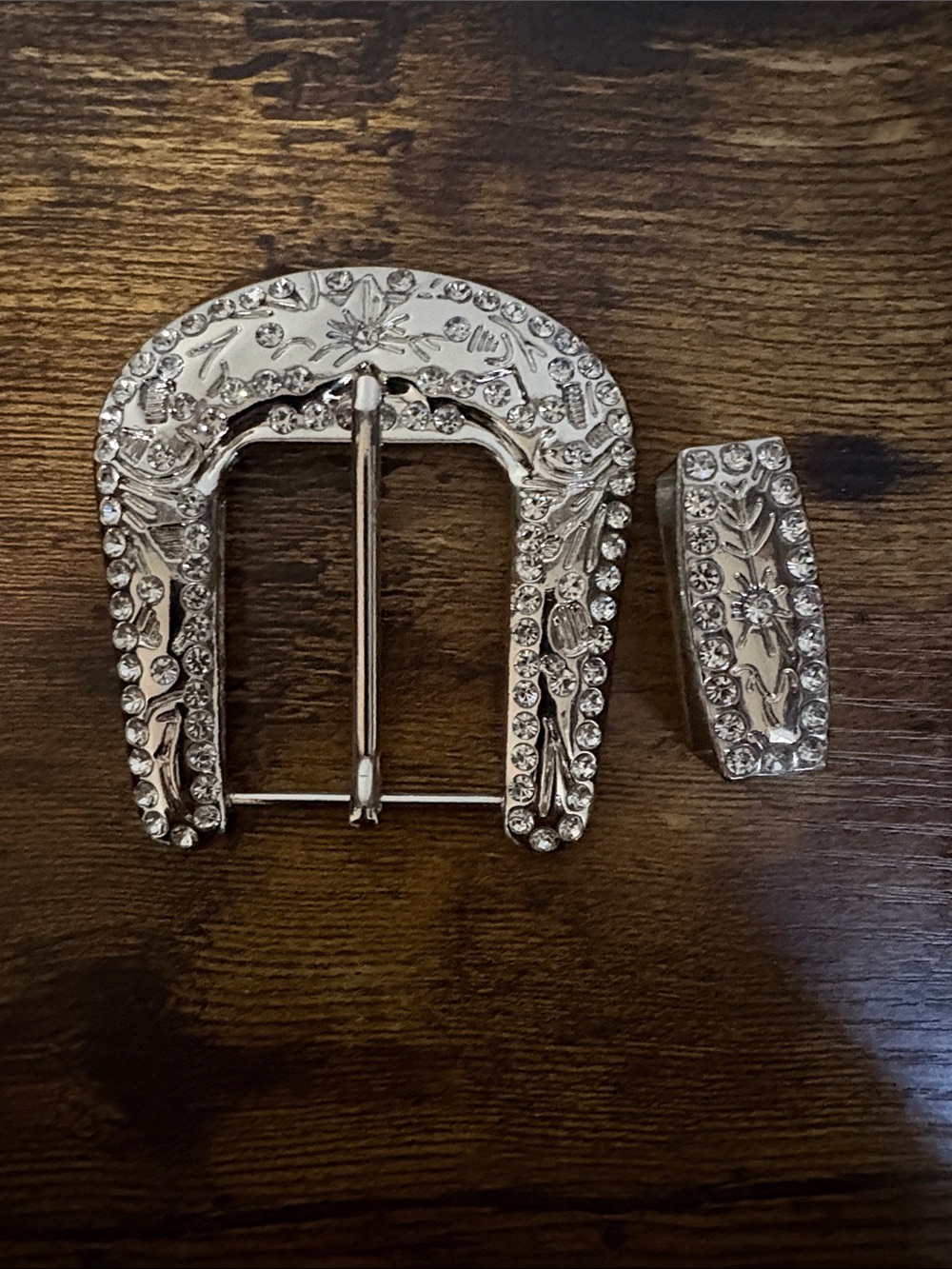 Rhinestone Silver Western Belt Buckle Set